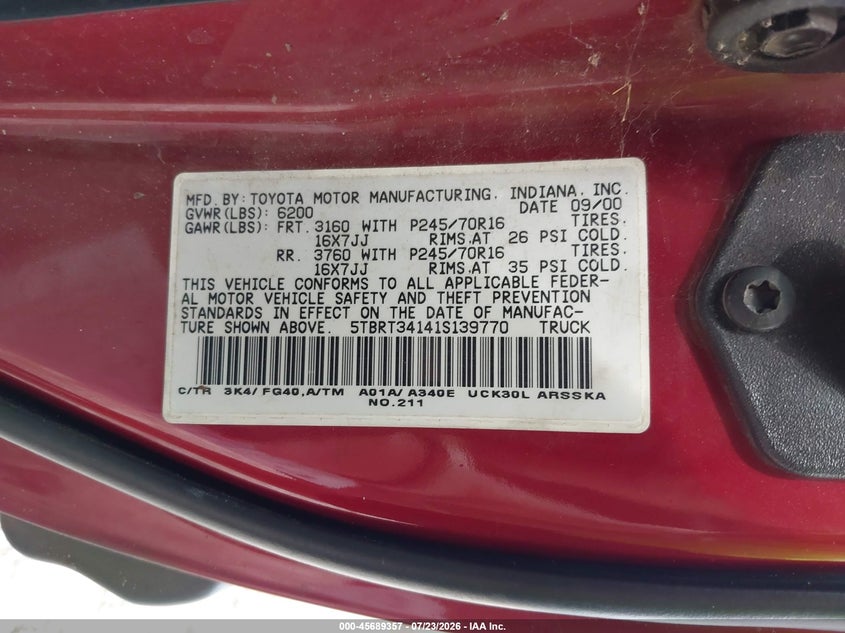 2001 Toyota Tundra VIN 5TBRT34141S139770 IAAI salvage auction — NORMAL WEAR, Clear (Missouri), sold $75 on 2026-07-27 (photo 9)