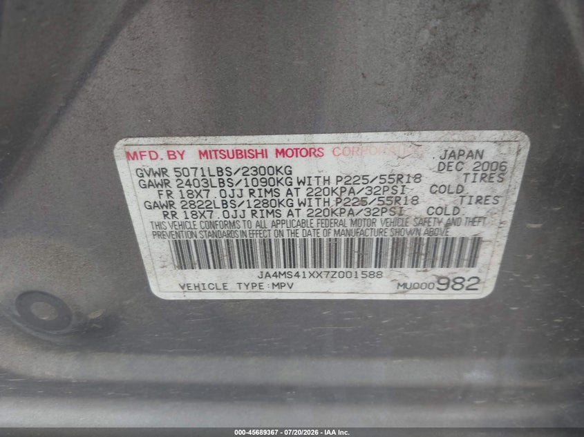 2007 Mitsubishi Outlander VIN JA4MS41XX7Z001588 IAAI salvage auction — NORMAL WEAR, Clear - Dealer Only (California), sold $200 on 2026-07-28 (photo 9)