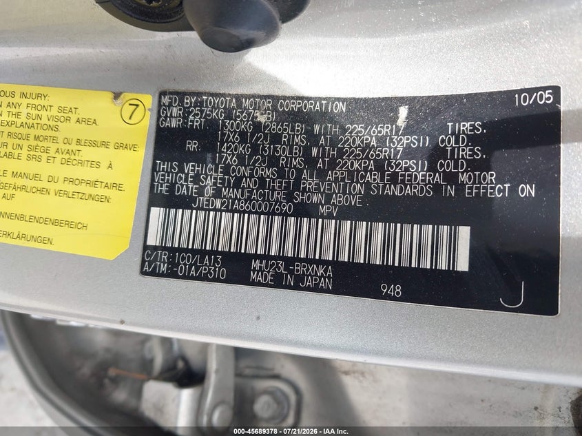 2006 Toyota Highlander hybrid VIN JTEDW21A860007690 IAAI salvage auction — NORMAL WEAR, App For Dup Clear (California), sold $525 on 2026-07-29 (photo 9)