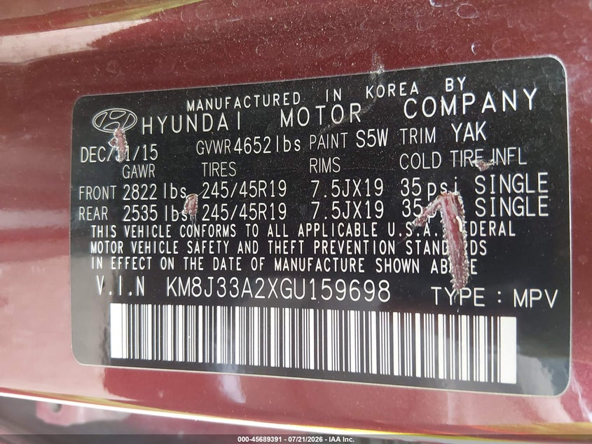 2016 Hyundai Tucson VIN KM8J33A2XGU159698 IAAI salvage auction — NORMAL WEAR, Clear-Dealer Only (Arizona), sold $200 on 2026-07-28 (photo 9)