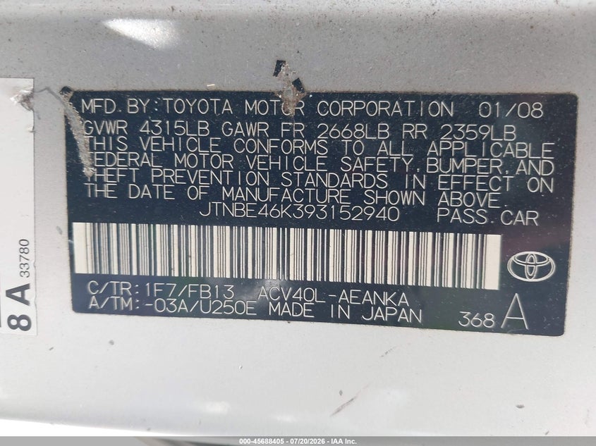 2009 Toyota Camry VIN JTNBE46K393152940 IAAI salvage auction — FRONT END, Clear (Hawaii), sold $325 on 2026-07-28 (photo 9)