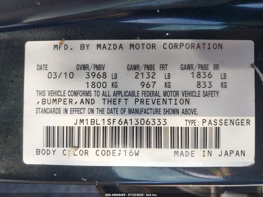 2010 Mazda 3 VIN JM1BL1SF6A1306333 IAAI salvage auction — FRONT END, Rebuildable (Florida), sold $25 on 2026-07-29 (photo 9)