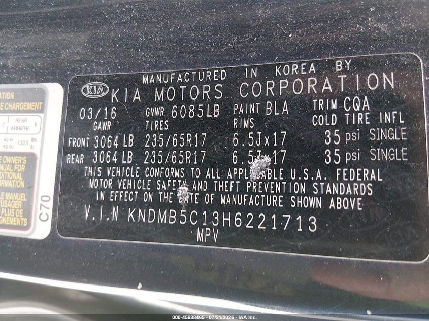 2017 Kia SEDONA VIN KNDMB5C13H6221713 IAAI salvage auction — NORMAL WEAR, Clear (South Carolina), sold $725 on 2026-07-28 (photo 9)