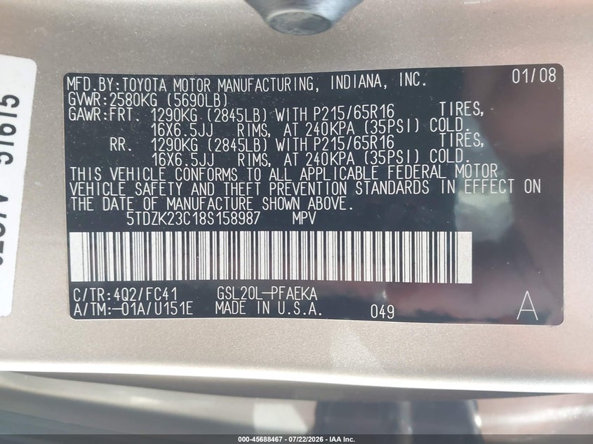2008 Toyota Sienna VIN 5TDZK23C18S158987 IAAI salvage auction — NORMAL WEAR, Clear (Pennsylvania), sold $400 on 2026-07-28 (photo 9)