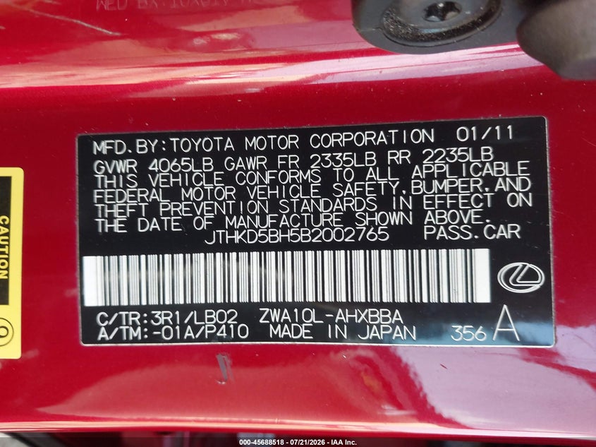 2011 Lexus Ct 200h VIN JTHKD5BH5B2002765 IAAI salvage auction — NORMAL WEAR, Clear (Florida), sold $1,650 on 2026-07-28 (photo 9)