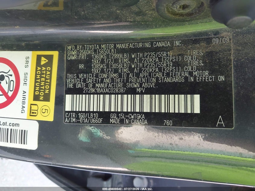2010 Lexus Rx VIN 2T2BK1BAXAC028387 IAAI salvage auction — HAIL, Certificate Of Title (Nebraska), sold $3,350 on 2026-09-28 (photo 9)