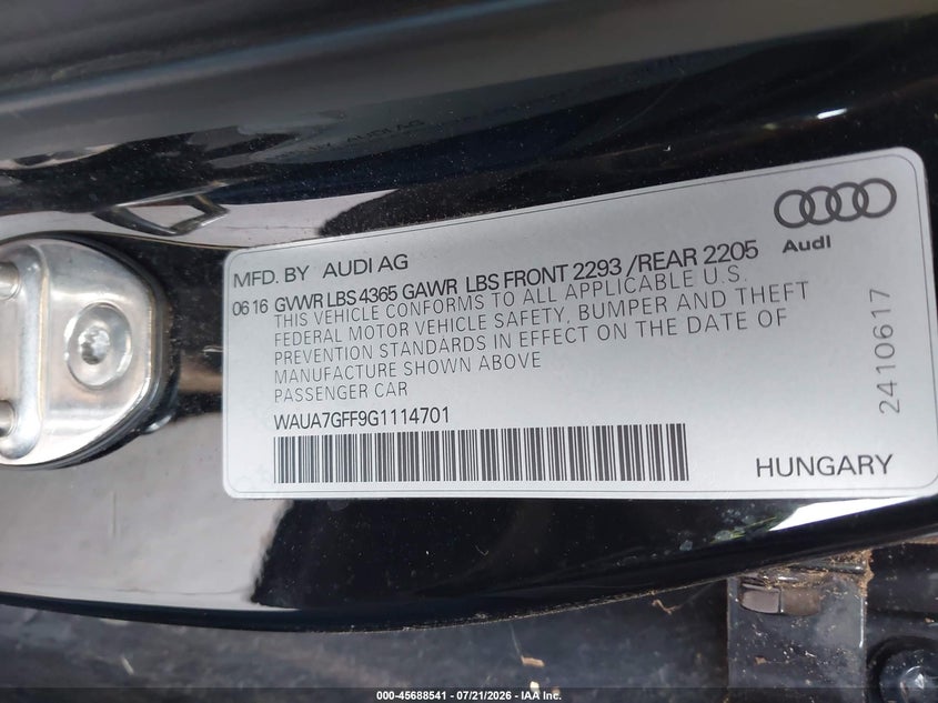 2016 Audi A3 VIN WAUA7GFF9G1114701 IAAI salvage auction — NORMAL WEAR, Clear (Maryland), sold $75 on 2026-07-29 (photo 9)