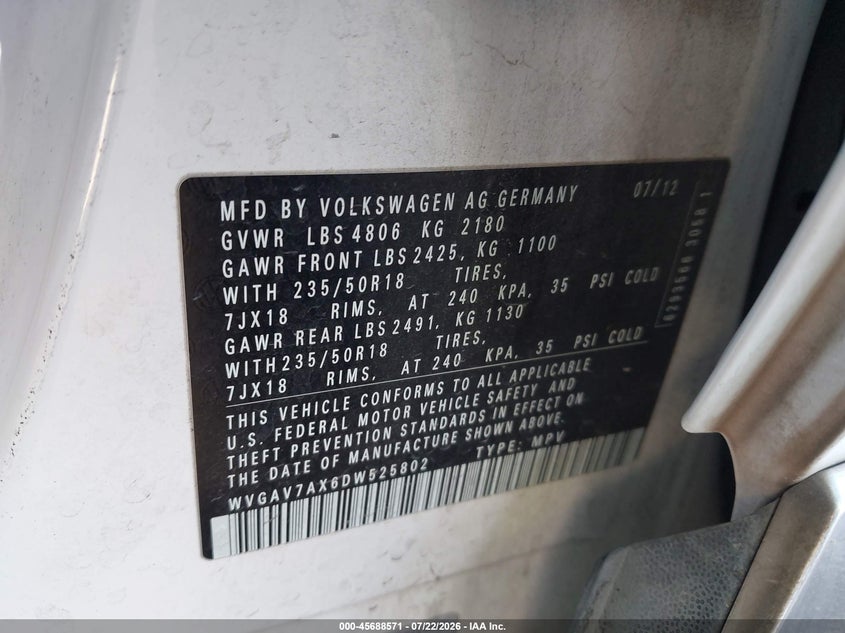 2013 Volkswagen Tiguan VIN WVGAV7AX6DW525802 IAAI salvage auction — REAR END, Salvage Certificate (California), sold $1,250 on 2026-07-31 (photo 9)