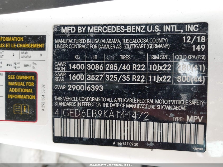 2019 Mercedes-benz Amg gle coupe VIN 4JGED6EB9KA141472 IAAI salvage auction — Burn Engine, Wait Title, sold $8,000 on 2026-08-22 (photo 9)