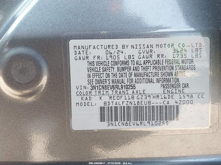 2024 Nissan Versa VIN 3N1CN8EV6RL910255 IAAI salvage auction — RIGHT REAR, Enterprise Vehicles Clear Only (Texas), sold $8,100 on 2026-07-29 (photo 9)