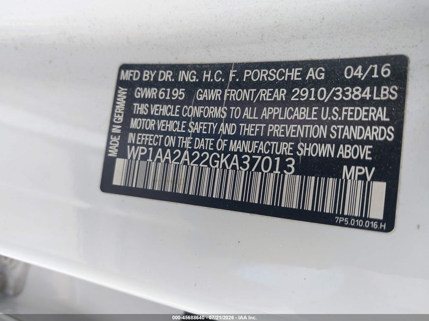 2016 Porsche Cayenne VIN WP1AA2A22GKA37013 IAAI salvage auction — FRONT END, Salvage Title, sold $3,150 on 2026-08-20 (photo 9)
