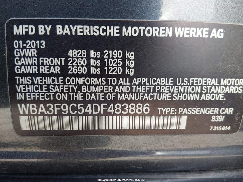 2013 BMW Activehybrid 3 VIN WBA3F9C54DF483886 IAAI salvage auction — NORMAL WEAR, Original (Texas), sold $500 on 2026-07-28 (photo 9)