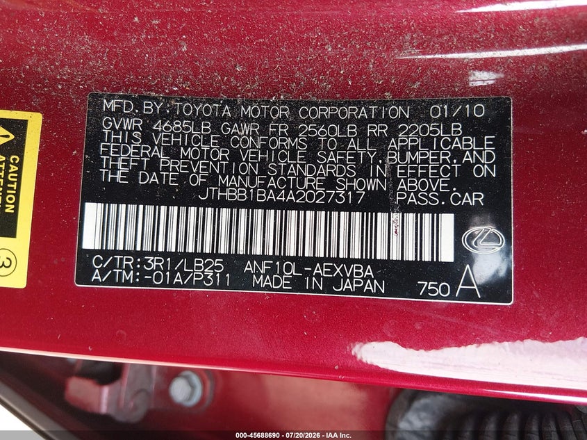 2010 Lexus Hs 250h VIN JTHBB1BA4A2027317 IAAI salvage auction — NORMAL WEAR, Clear - Dealer Only (California), sold $675 on 2026-07-29 (photo 9)