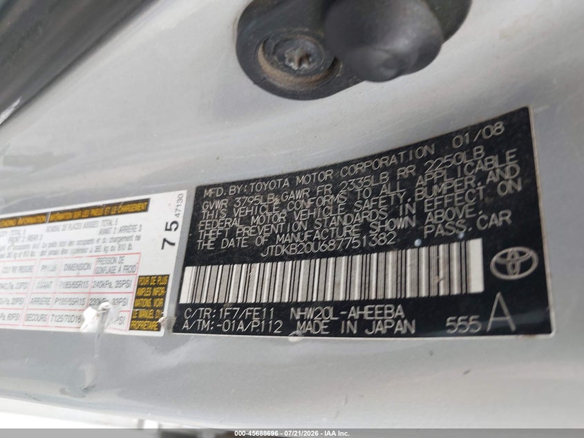 2008 Toyota Prius VIN JTDKB20U687751382 IAAI salvage auction — NORMAL WEAR, Salvage Title - Dealer (California), sold $25 on 2026-07-28 (photo 9)