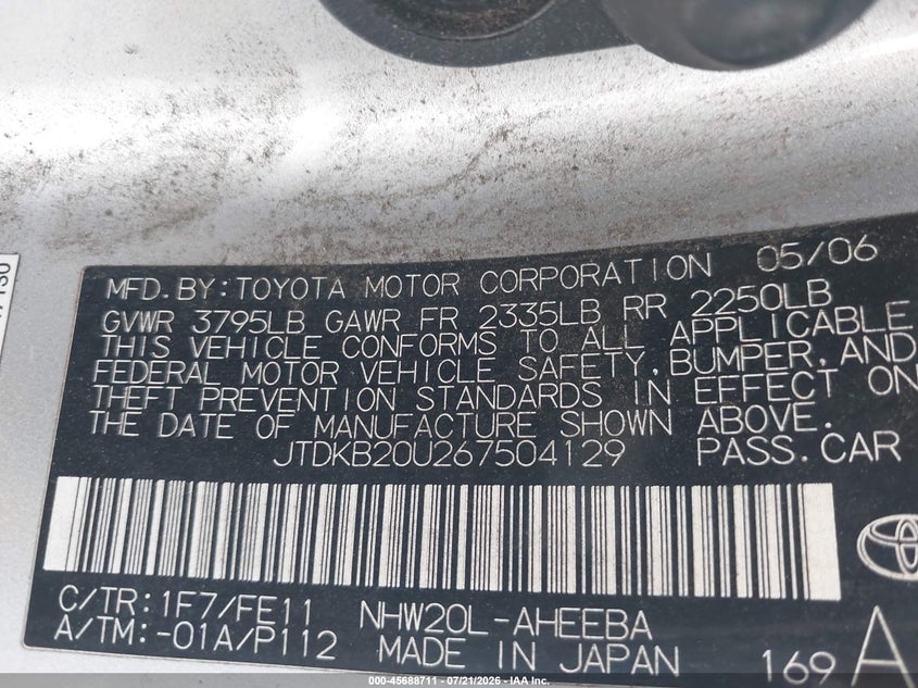 2006 Toyota Prius VIN JTDKB20U267504129 IAAI salvage auction — NORMAL WEAR, Clear - Dealer Only (California), sold $575 on 2026-07-29 (photo 9)