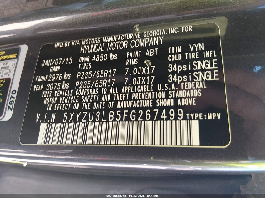 2015 Hyundai Santa fe VIN 5XYZU3LB5FG267499 IAAI salvage auction — NORMAL WEAR, Clear (Florida), sold $1,300 on 2026-07-28 (photo 9)