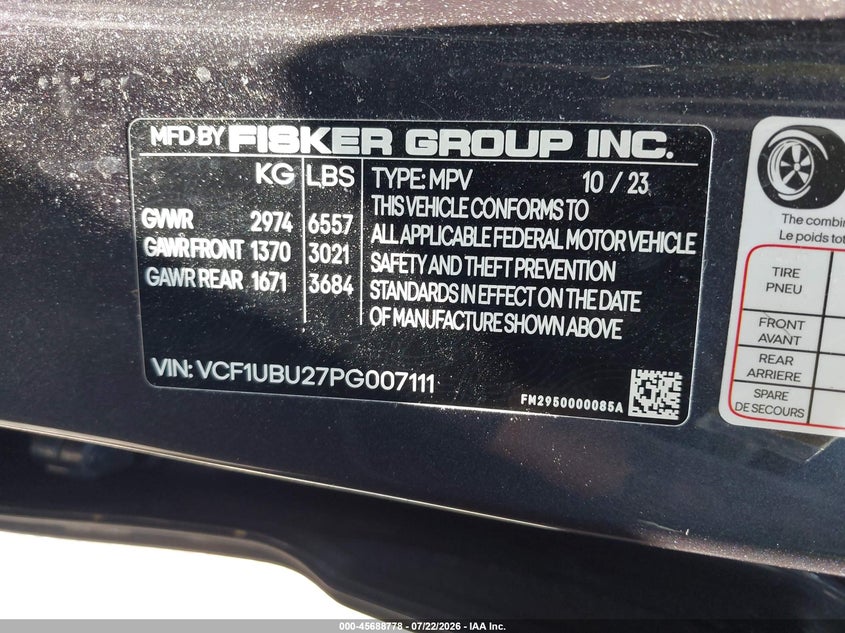 2023 Fisker Ocean VIN VCF1UBU27PG007111 IAAI salvage auction — NORMAL WEAR, Clear (New Jersey), sold $1,500 on 2026-07-29 (photo 9)