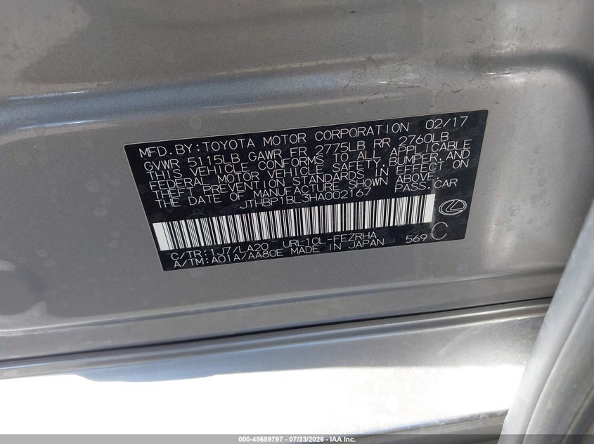 2017 Lexus Gs-f VIN JTHBP1BL3HA002167 IAAI salvage auction — FRONT & REAR, Wait Title, sold $18,900 on 2026-07-31 (photo 9)