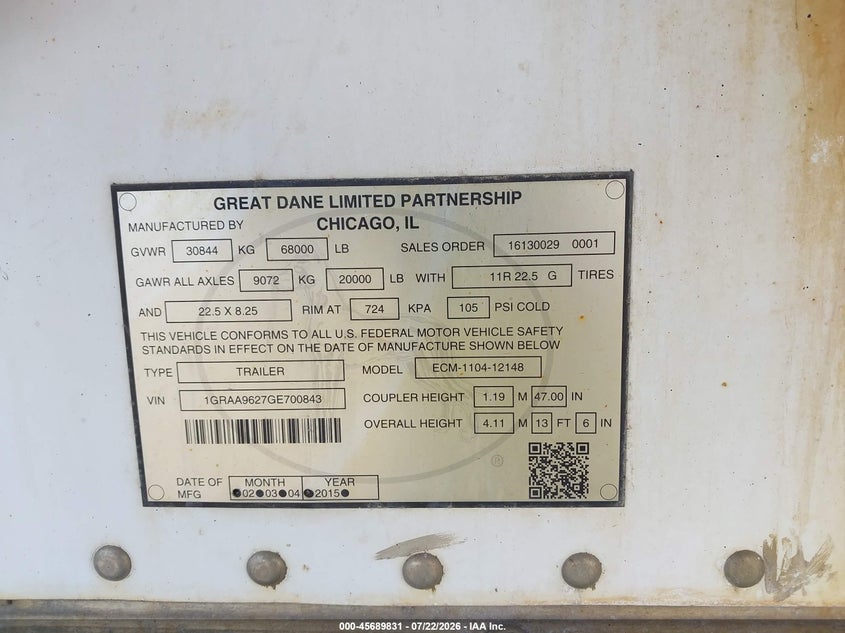2016 Great dane trailers Unknown VIN 1GRAA9627GE700843 IAAI salvage auction — FRONT & REAR, Wait Title, sold $125 on 2026-09-28 (photo 9)