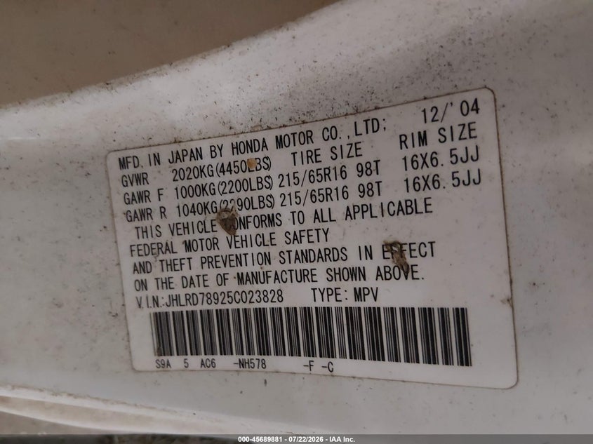 2005 Honda Cr-v VIN JHLRD78925C023828 IAAI salvage auction — NORMAL WEAR, Clear (Minnesota), sold $275 on 2026-07-28 (photo 9)
