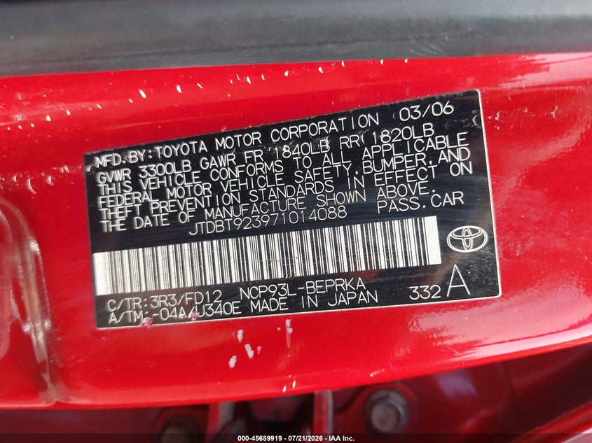 2007 Toyota Yaris VIN JTDBT923971014088 IAAI salvage auction — NORMAL WEAR, Clear (Maryland), sold $25 on 2026-07-29 (photo 9)