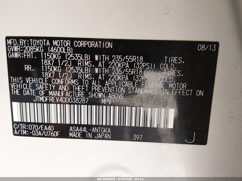 2013 Toyota Rav 4 VIN JTMDFREV4DD038287 IAAI salvage auction — THEFT, Bill Of Sale (Washington), sold $3,150 on 2026-07-29 (photo 9)