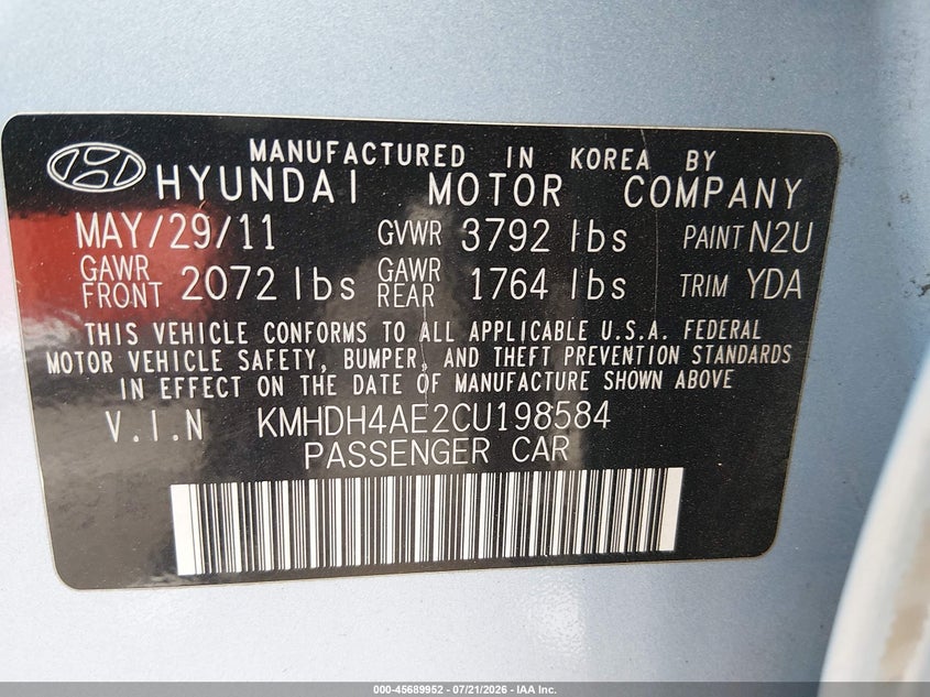 2012 Hyundai Elantra VIN KMHDH4AE2CU198584 IAAI salvage auction — NORMAL WEAR, Clear (California), sold $1,275 on 2026-07-31 (photo 9)