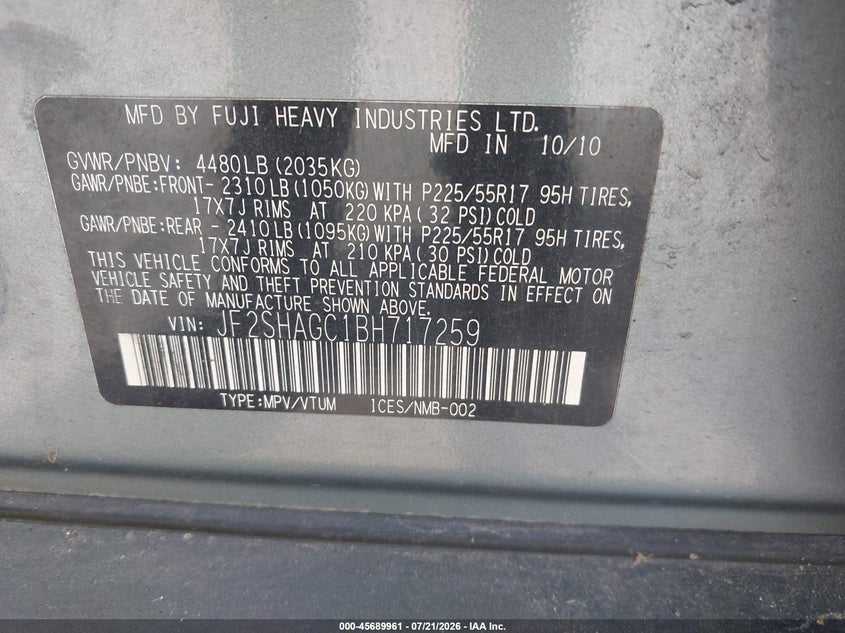 2011 Subaru Forester VIN JF2SHAGC1BH717259 IAAI salvage auction — NORMAL WEAR, Original (Ohio), sold $175 on 2026-07-28 (photo 9)