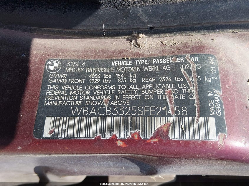 1995 BMW 3 series VIN WBACB3325SFE21458 IAAI salvage auction — NORMAL WEAR, Salvage (Arkansas), sold $25 on 2026-07-29 (photo 9)