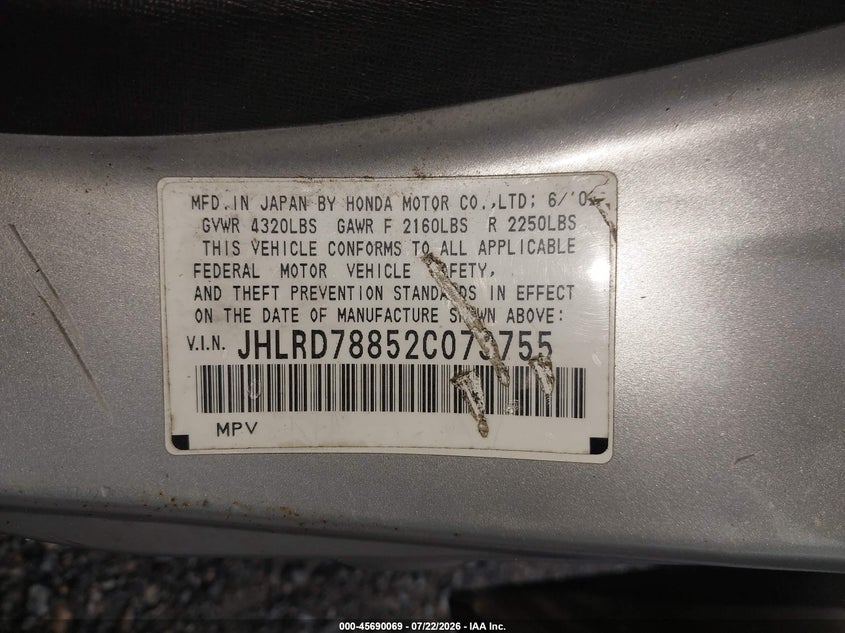 2002 Honda Cr-v VIN JHLRD78852C073755 IAAI salvage auction — NORMAL WEAR, Clear (Virginia), sold $400 on 2026-07-28 (photo 9)