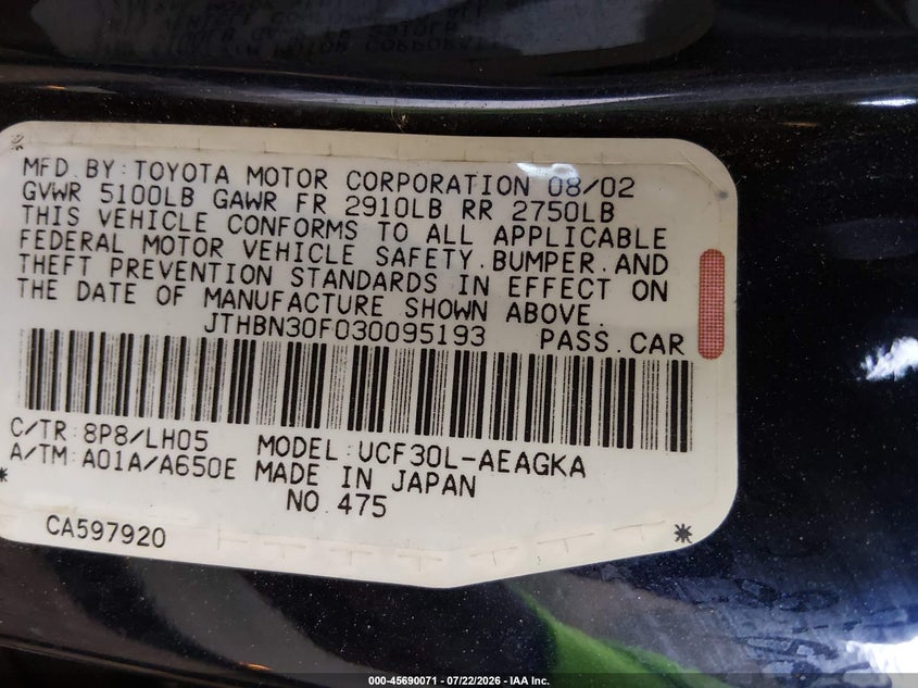2003 Lexus Ls 430 VIN JTHBN30F030095193 IAAI salvage auction — SIDE, Salvage (Arizona), sold $800 on 2026-08-03 (photo 9)