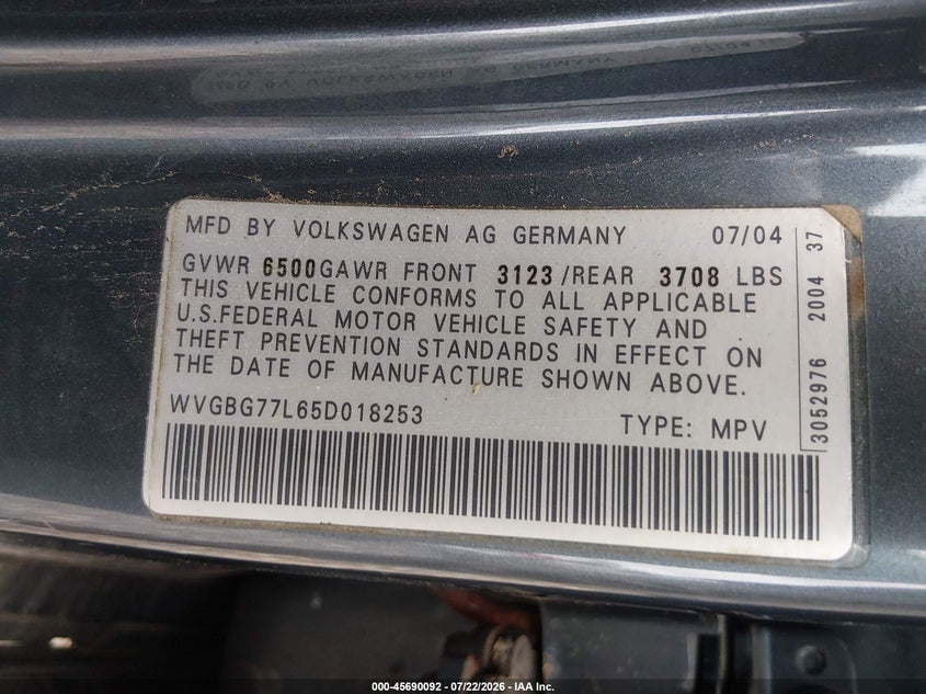 2005 Volkswagen Touareg VIN WVGBG77L65D018253 IAAI salvage auction — REAR END, Bill Of Sale (New York), sold $450 on 2026-08-04 (photo 9)