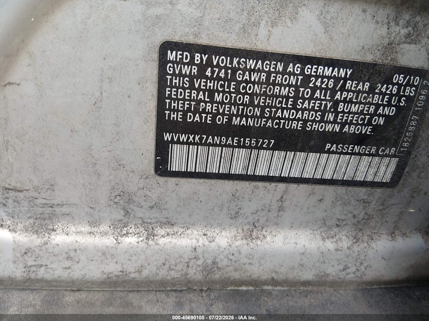2010 Volkswagen Passat VIN WVWXK7AN9AE155727 IAAI salvage auction — SIDE, Bill Of Sale (New York), sold $425 on 2026-08-04 (photo 9)