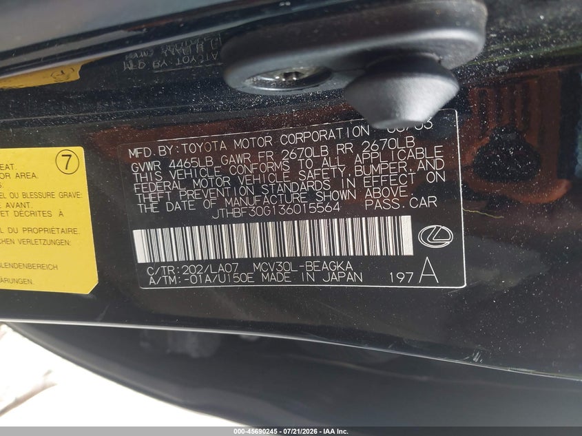 2003 Lexus Es 300 VIN JTHBF30G136015564 IAAI salvage auction — NORMAL WEAR, Clear (Kansas), sold $250 on 2026-07-29 (photo 9)