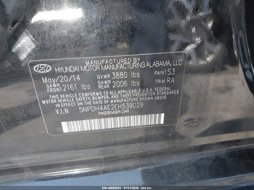 2014 Hyundai Elantra VIN 5NPDH4AE2EH539029 IAAI salvage auction — LEFT SIDE, Wait Title, sold $500 on 2026-08-22 (photo 9)