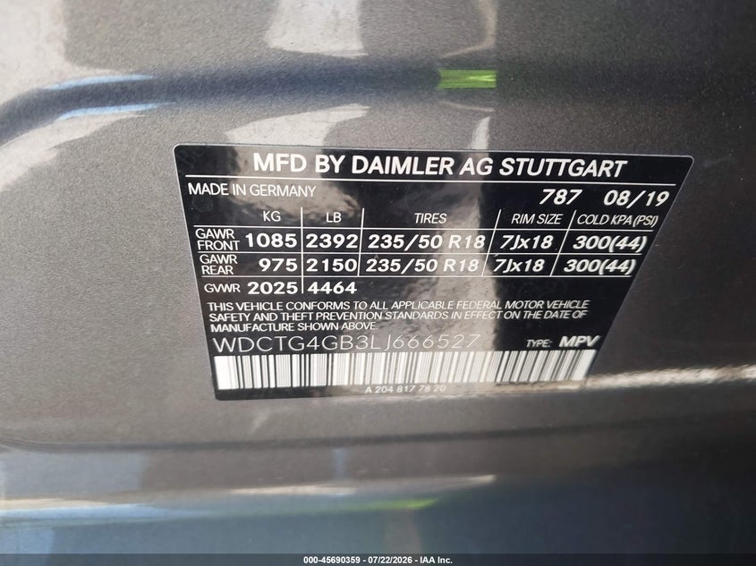 2020 Mercedes-benz Gla-class VIN WDCTG4GB3LJ666527 IAAI salvage auction — NORMAL WEAR, Clear - Dealer Only (California), sold $1,250 on 2026-07-30 (photo 9)