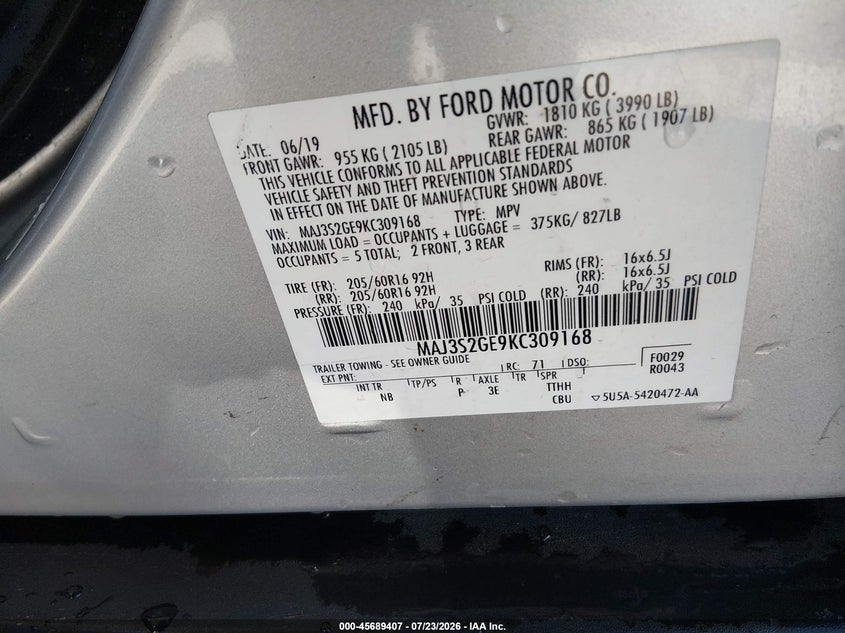 2019 Ford Ecosport VIN MAJ3S2GE9KC309168 IAAI salvage auction — FRONT END, Wait Title, sold $375 on 2026-08-02 (photo 9)