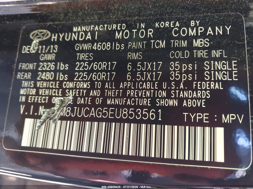 2014 Hyundai Tucson VIN KM8JUCAG5EU853561 IAAI salvage auction — NORMAL WEAR, Clear (Tennessee), sold $25 on 2026-07-30 (photo 9)