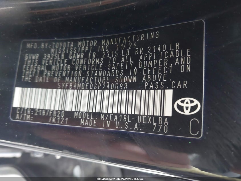 2025 Toyota Corolla VIN 5YFB4MDE0SP240698 IAAI salvage auction — FRONT END, Enterprise Vehicles Clear Only (Illinois), sold $5,100 on 2026-07-29 (photo 9)