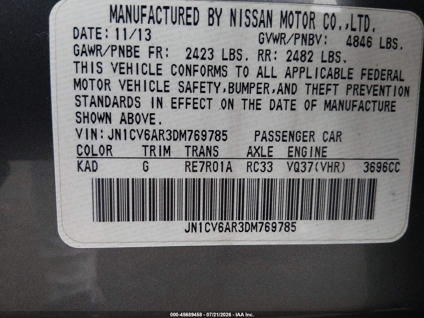 2013 Infiniti G VIN JN1CV6AR3DM769785 IAAI salvage auction — NORMAL WEAR, Clear (New Jersey), sold $2,650 on 2026-08-01 (photo 9)