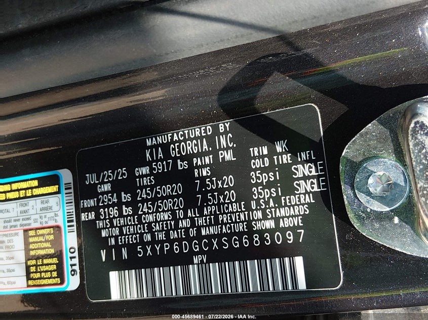 2025 Kia Telluride VIN 5XYP6DGCXSG683097 IAAI salvage auction — LEFT REAR, Salvage Title, sold $25 on 2026-07-28 (photo 9)