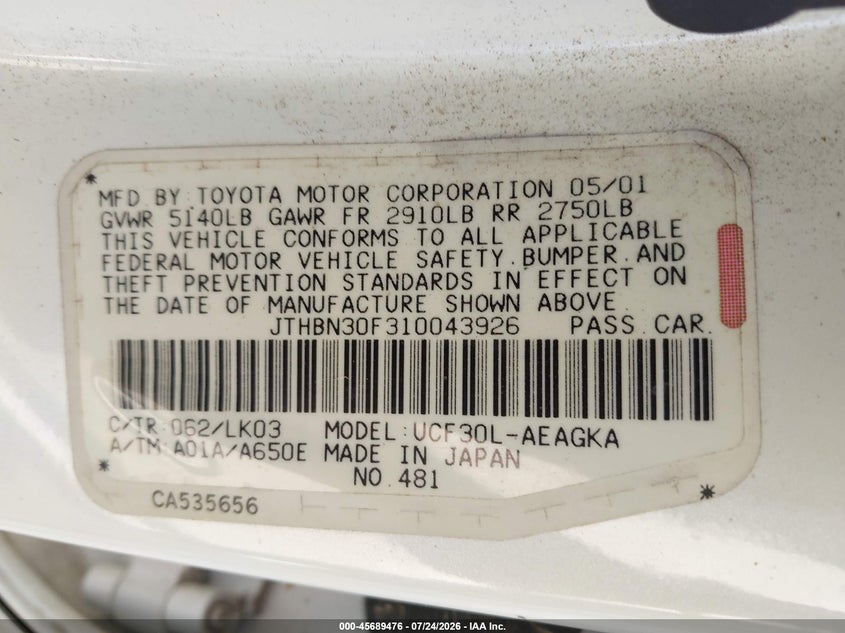 2001 Lexus Ls 430 VIN JTHBN30F310043926 IAAI salvage auction — NORMAL WEAR, Clear (Florida), sold $300 on 2026-07-28 (photo 9)