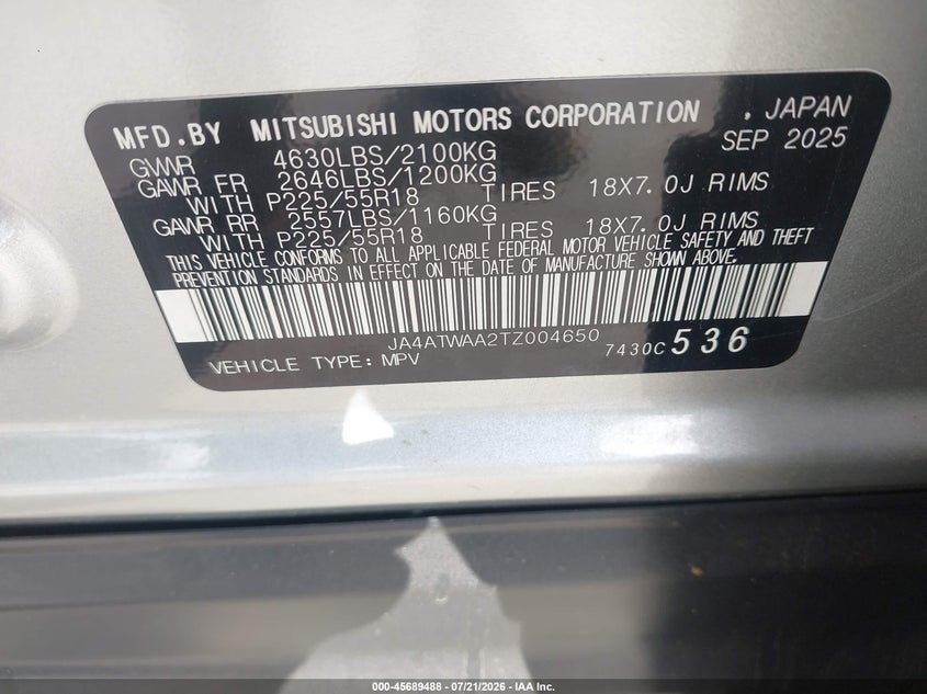 2026 Mitsubishi Eclipse cross VIN JA4ATWAA2TZ004650 IAAI salvage auction — FRONT END, Salvage Title, sold $3,050 on 2026-07-29 (photo 9)