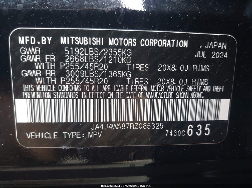 2024 Mitsubishi Outlander VIN JA4J4WA87RZ085325 IAAI salvage auction — LEFT REAR, Salvage Title, sold $1,050 on 2026-07-31 (photo 9)