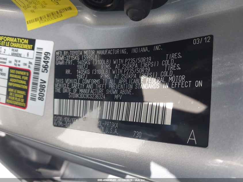 2012 Toyota Sienna VIN 5TDXK3DC9CS236324 IAAI salvage auction — LEFT REAR, Wait Title, sold $3,600 on 2026-08-01 (photo 9)