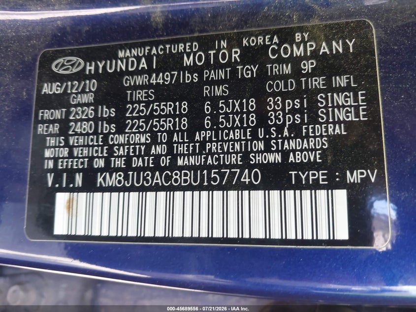 2011 Hyundai Tucson VIN KM8JU3AC8BU157740 IAAI salvage auction — NORMAL WEAR, Clear - Dealer Only (California), sold $550 on 2026-07-28 (photo 9)