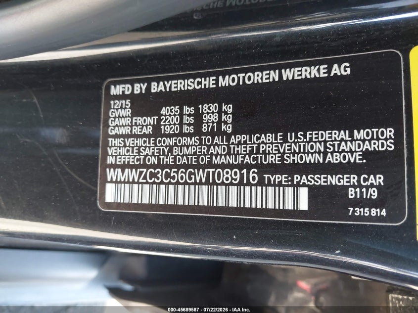 2016 Mini Countryman VIN WMWZC3C56GWT08916 IAAI salvage auction — LEFT REAR, Salvage Title, sold $1,450 on 2026-07-31 (photo 9)
