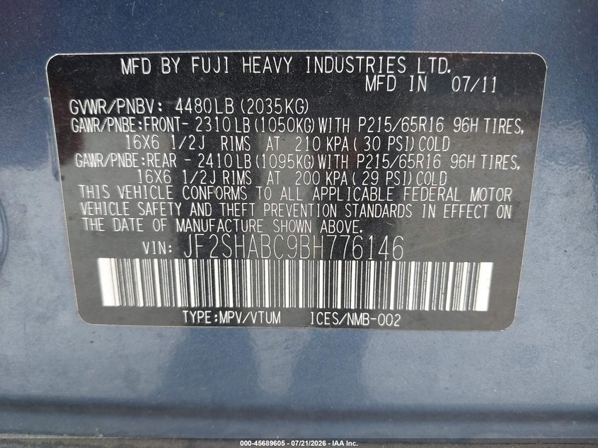 2011 Subaru Forester VIN JF2SHABC9BH776146 IAAI salvage auction — NORMAL WEAR, Clear (Pennsylvania), sold $25 on 2026-07-24 (photo 9)