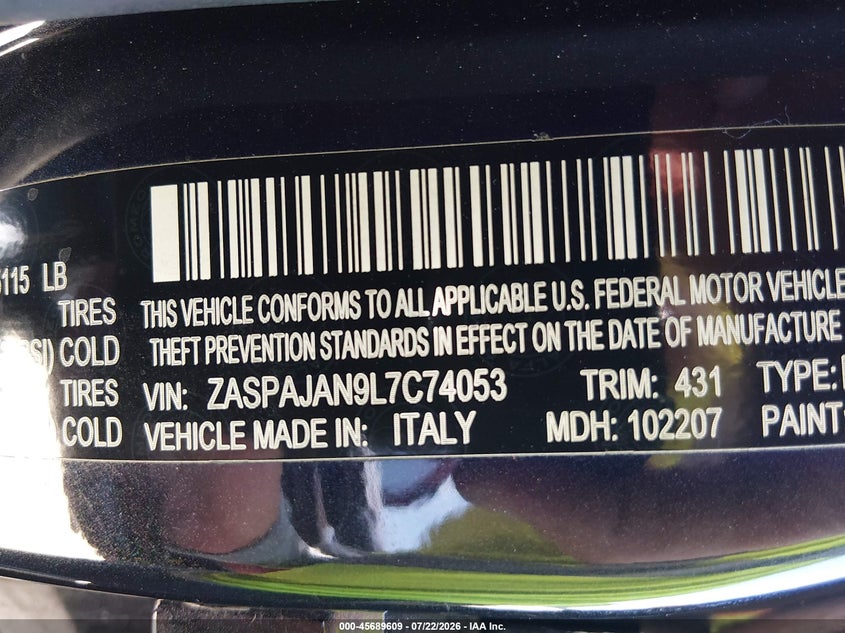 2020 Alfa romeo Stelvio VIN ZASPAJAN9L7C74053 IAAI salvage auction — RIGHT SIDE, Salvage Title, sold $4,650 on 2026-08-20 (photo 9)
