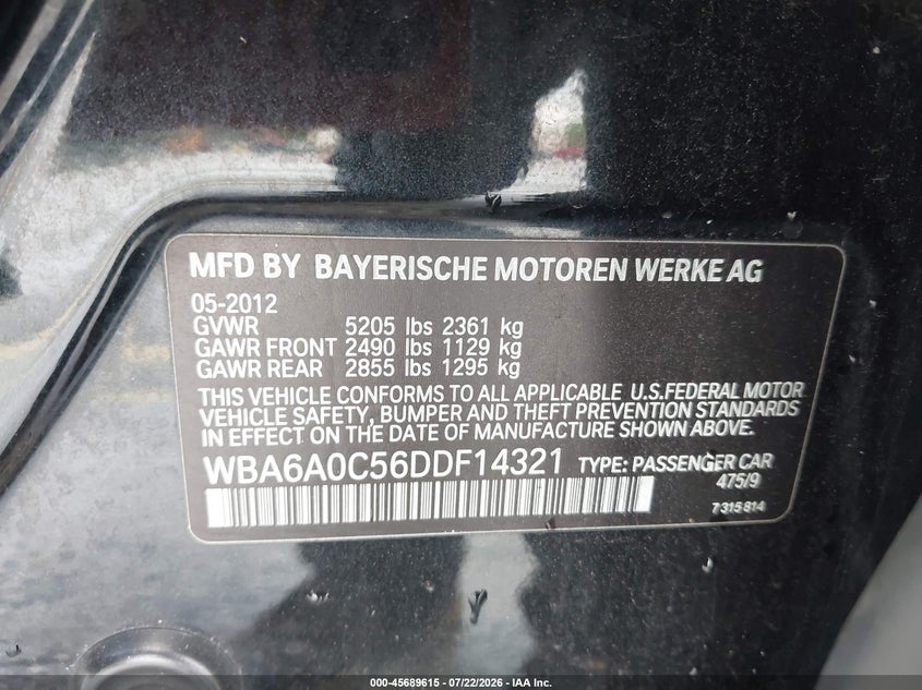 2013 BMW 6 series VIN WBA6A0C56DDF14321 IAAI salvage auction — NORMAL WEAR, Salvage (Florida), sold $700 on 2026-08-20 (photo 9)
